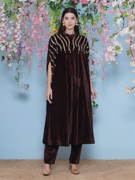 Brown Velvet Hand Embellished Long Cape Style Kurta and Pant