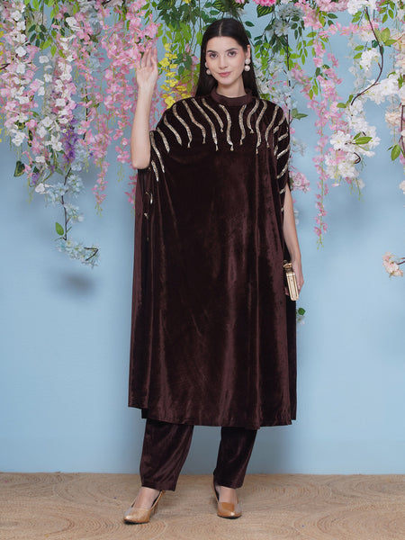 Brown Velvet Hand Embellished Long Cape Style Kurta and Pant