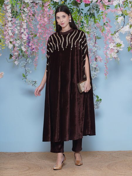 Brown Velvet Hand Embellished Long Cape Style Kurta and Pant