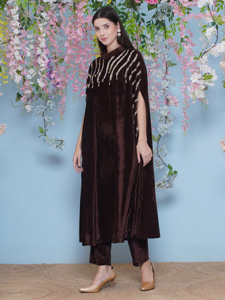 Brown Velvet Hand Embellished Long Cape Style Kurta and Pant