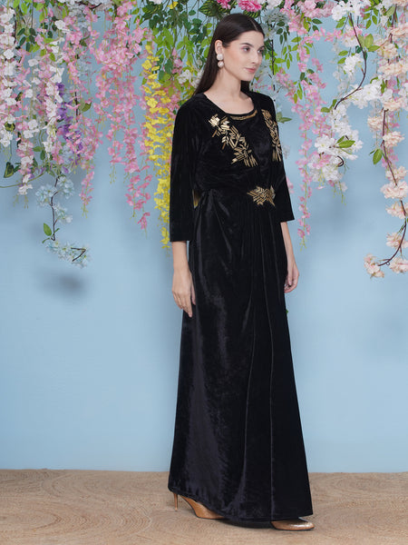 Black Hand Embellished Velvet Gown with inner-WRK478