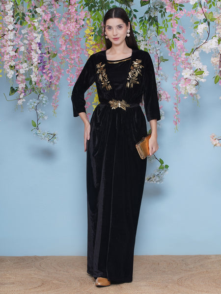 Black Hand Embellished Velvet Gown with inner-WRK478