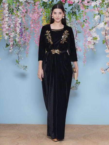 Black Hand Embellished Velvet Gown with inner-WRK478