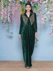 Green Velvet gown with Hand Embellished Jacket-WRK479