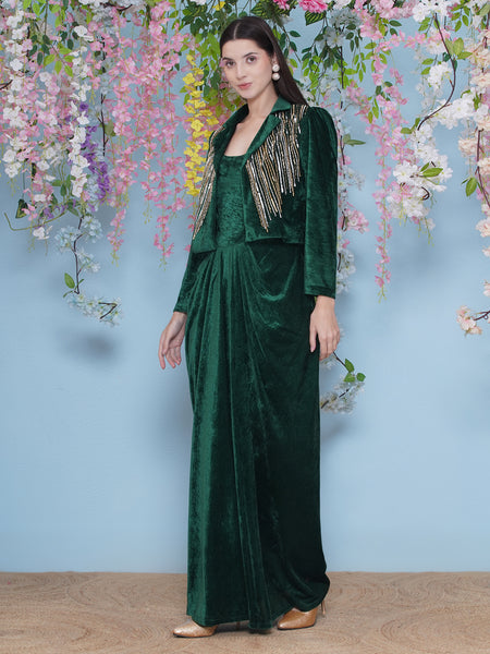 Green Velvet gown with Hand Embellished Jacket-WRK479