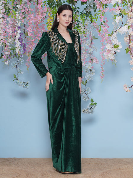 Green Velvet gown with Hand Embellished Jacket-WRK479