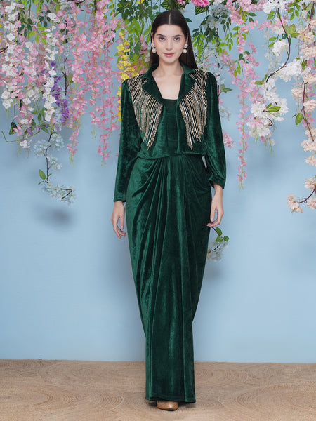 Green Velvet gown with Hand Embellished Jacket-WRK479