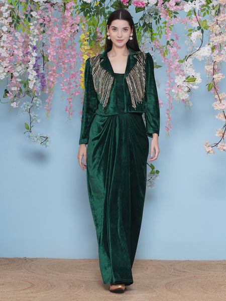 Green Velvet gown with Hand Embellished Jacket-WRK479