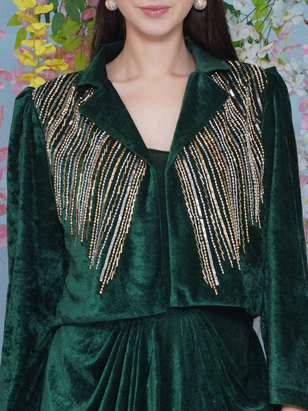 Green Velvet gown with Hand Embellished Jacket-WRK479