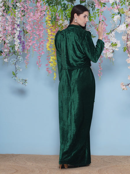 Green Velvet gown with Hand Embellished Jacket-WRK479