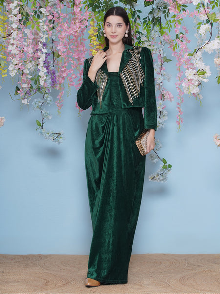 Green Velvet gown with Hand Embellished Jacket-WRK479