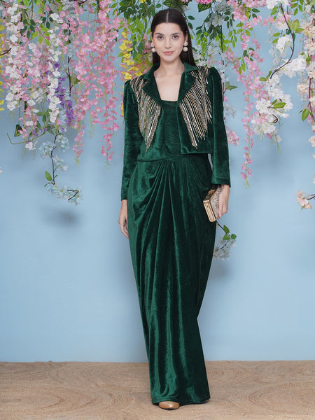 Green Velvet gown with Hand Embellished Jacket-WRK479