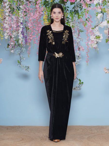 Black Hand Embellished Velvet Gown with inner-WRK478