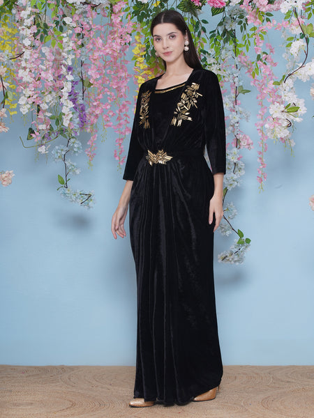 Black Hand Embellished Velvet Gown with inner-WRK478