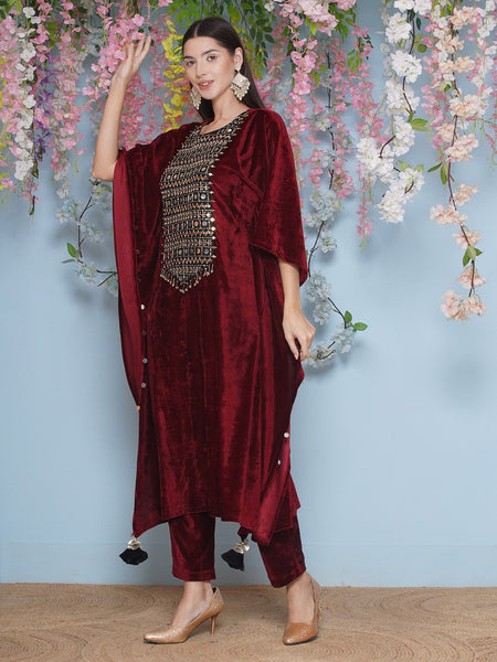 Maroon Hand Embellished velvet Kaftaan set-