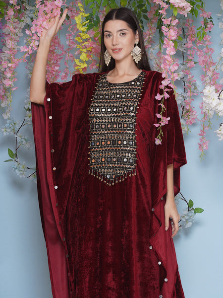 Maroon Hand Embellished velvet Kaftaan set-