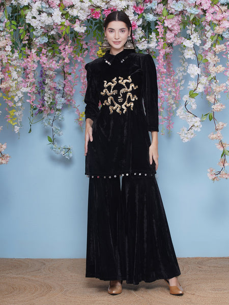 Black Velvet Hand Embellished Kurta and Sharara Set-WRKS208