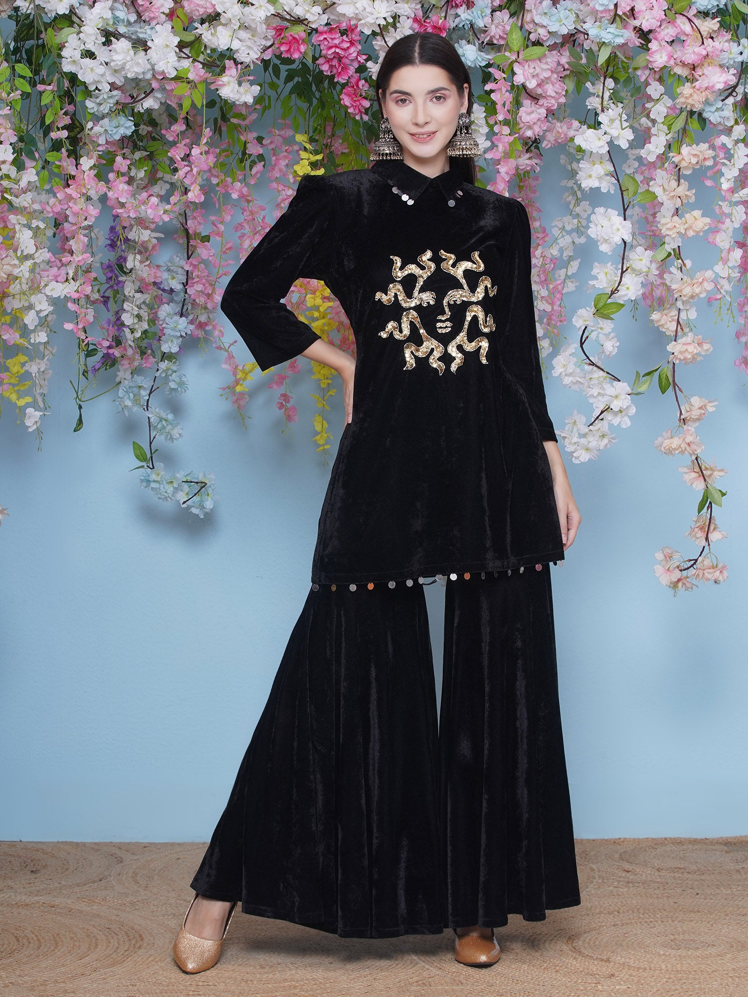 Black Velvet Hand Embellished Kurta and Sharara Set-WRKS208