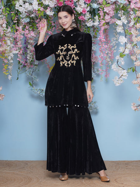 Black Velvet Hand Embellished Kurta and Sharara Set-WRKS208