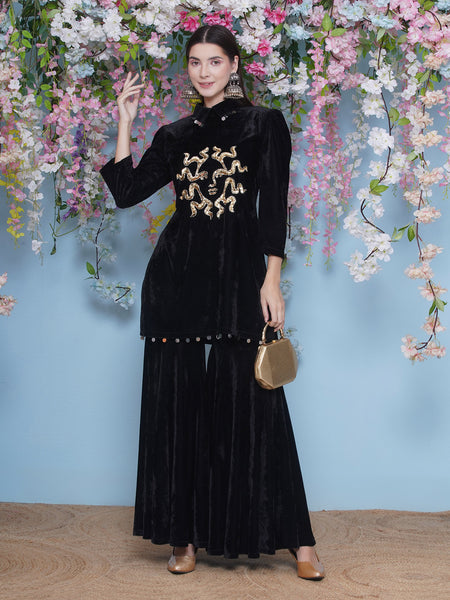 Black Velvet Hand Embellished Kurta and Sharara Set-WRKS208