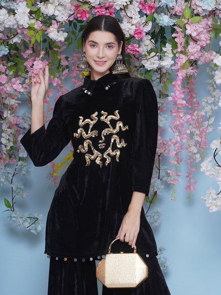 Black Velvet Hand Embellished Kurta and Sharara Set-WRKS208