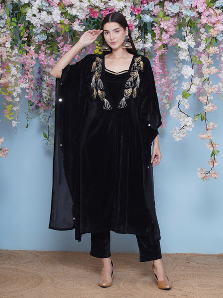 Black Velvet Hand Embellished Kaftaan withh inner and Pant-WRKS210