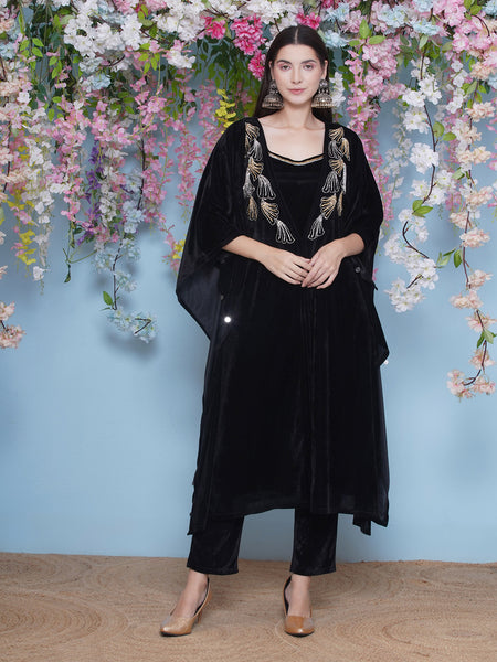 Black Velvet Hand Embellished Kaftaan withh inner and Pant-WRKS210