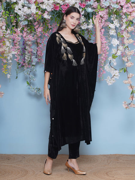 Black Velvet Hand Embellished Kaftaan withh inner and Pant-WRKS210