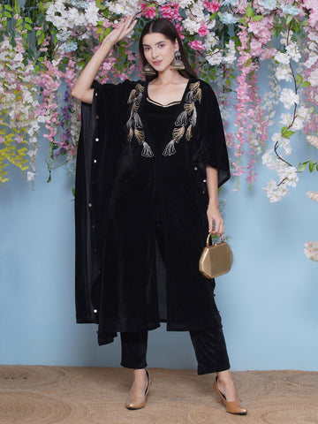 Black Velvet Hand Embellished Kaftaan withh inner and Pant-WRKS210