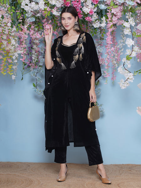 Black Velvet Hand Embellished Kaftaan withh inner and Pant-WRKS210