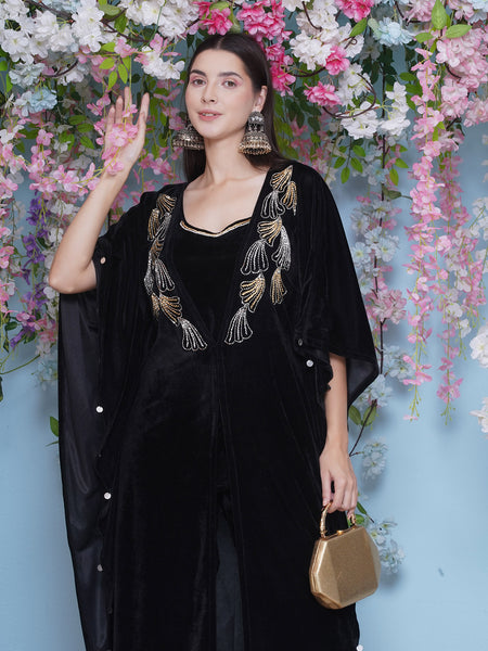 Black Velvet Hand Embellished Kaftaan withh inner and Pant-WRKS210