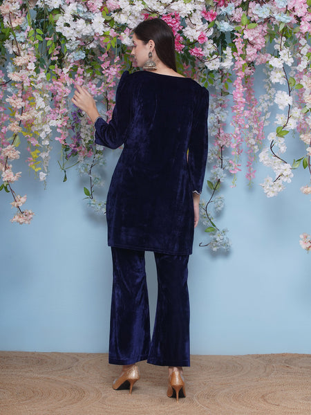 Navy Blue Embroidered Kurta with inner and Bellbottom pants-WRKS211