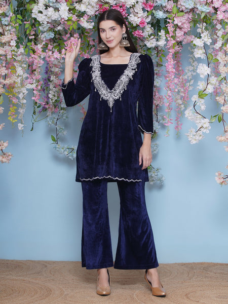 Navy Blue Embroidered Kurta with inner and Bellbottom pants-WRKS211