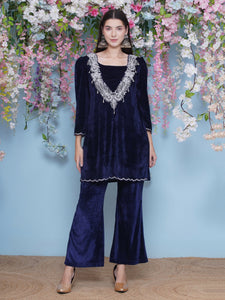 Navy Blue Embroidered Kurta with inner and Bellbottom pants-WRKS211