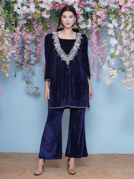 Navy Blue Embroidered Kurta with inner and Bellbottom pants-WRKS211