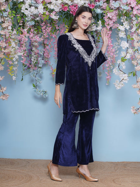 Navy Blue Embroidered Kurta with inner and Bellbottom pants-WRKS211