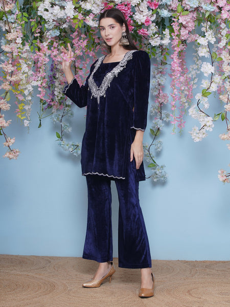 Navy Blue Embroidered Kurta with inner and Bellbottom pants-WRKS211