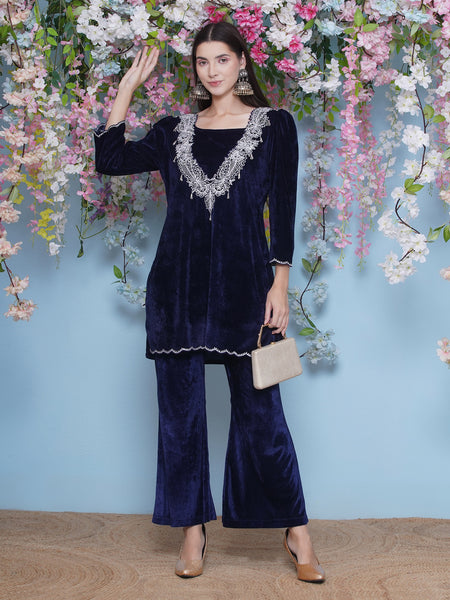 Navy Blue Embroidered Kurta with inner and Bellbottom pants-WRKS211