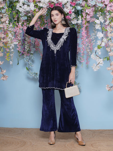 Navy Blue Embroidered Kurta with inner and Bellbottom pants-WRKS211