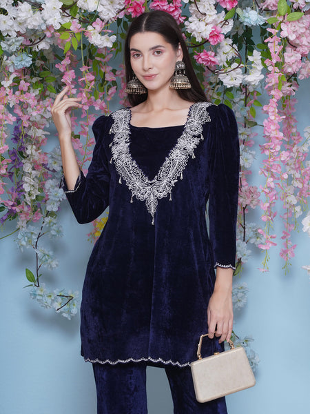 Navy Blue Embroidered Kurta with inner and Bellbottom pants-WRKS211