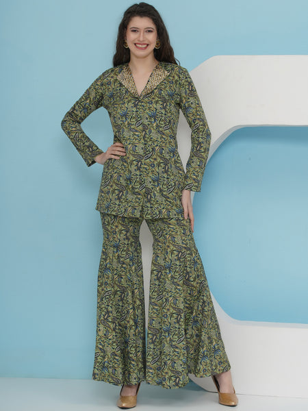 Green Printed Hand Embellished Blazer with Sharara Set-WRKS228