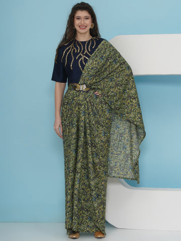 Green Printed Crepe Drape with Embellished Top-WRKS229