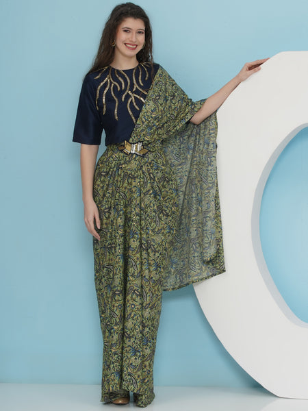 Green Printed Crepe Drape with Embellished Top-WRKS229