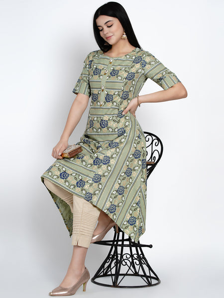 Green Floral Gold Foil Asymmetrical Kurta-WRK416