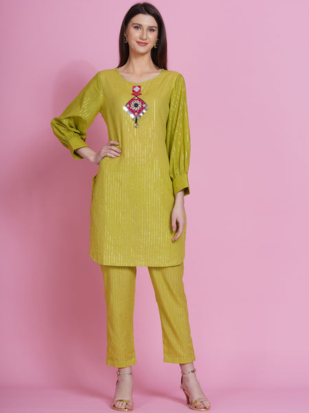 Green Lurex Cotton Hand Embroidered Kurta With Pants-WRKS073