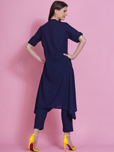 Navy Blue Cotton Embroidered Kurta with Pants-WRKS078